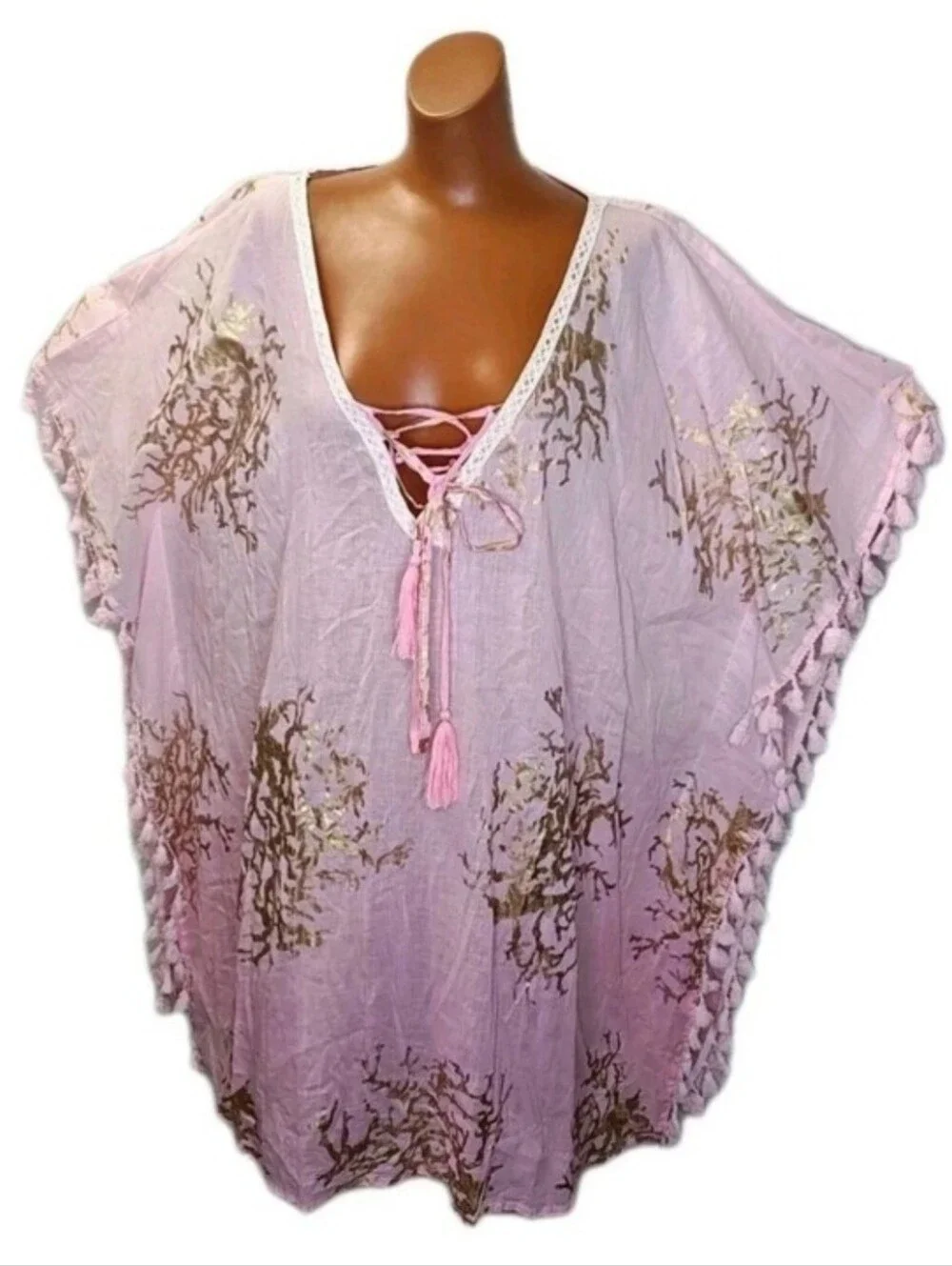 Debbie Katz South Beach Fringed Coverup Tunic Sz 3X-4X Sheer Pink Gold Resort